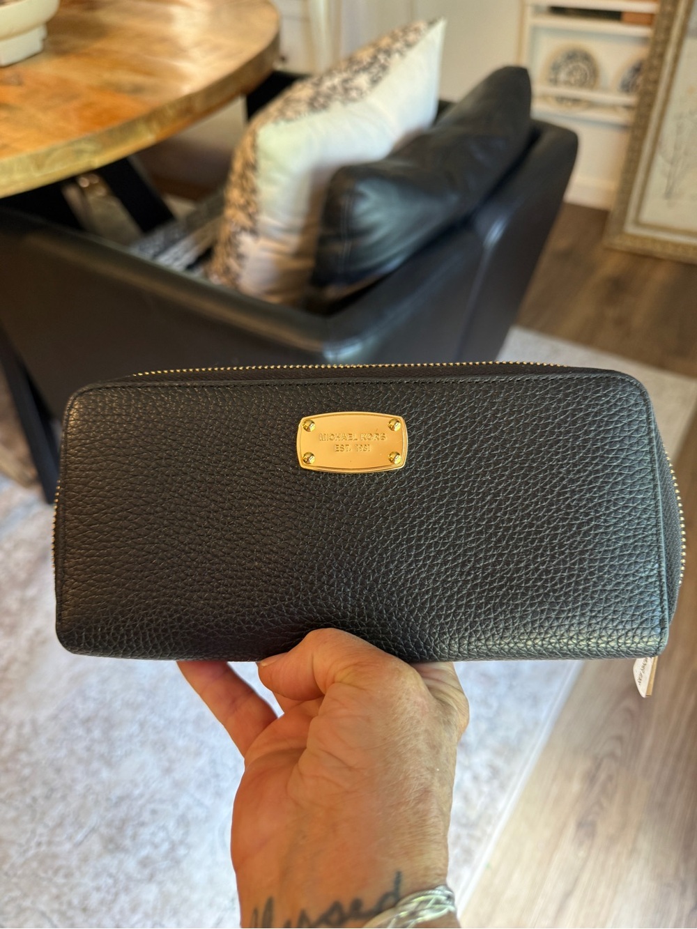 Michael Kors Black Pebbled Leather Wallet with Gold Plaque